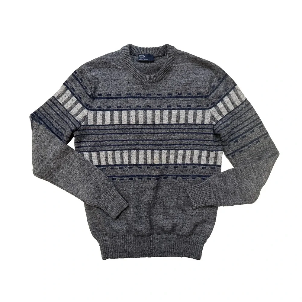 GAP Sweater Mens Small Gray Blue Fair Isle Stripe‎ Crewneck Knit Pullover NWT